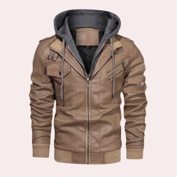"Veste à capuche en cuir pour homme, marron, finition élégante, moderne et fonctionnelle pour l'automne et hiver."
