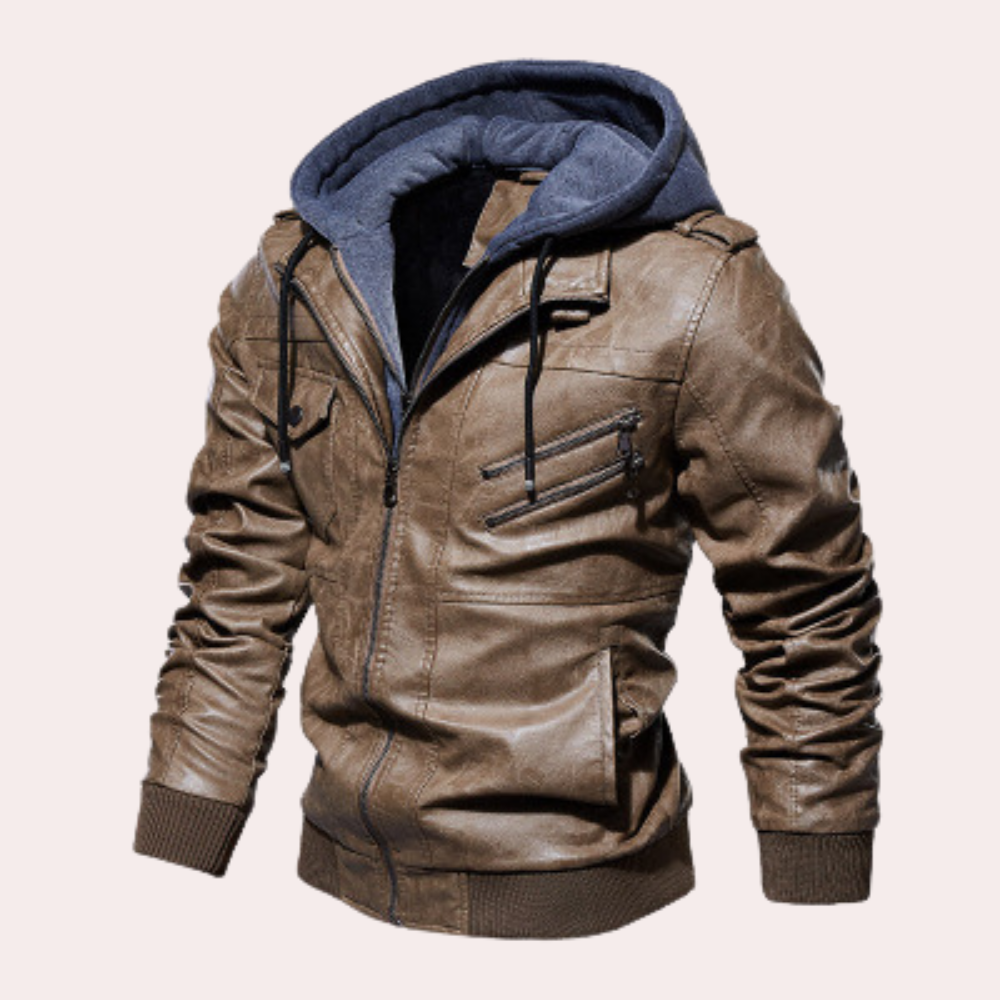 "Veste à capuche en cuir pour homme, marron, finition élégante, moderne et fonctionnelle pour l'automne et hiver."
