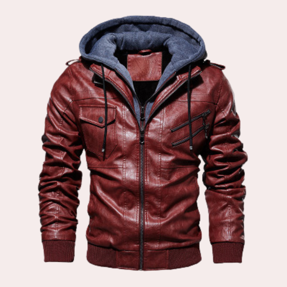 "Veste à capuche en cuir pour homme, marron, finition élégante, moderne et fonctionnelle pour l'automne et hiver."