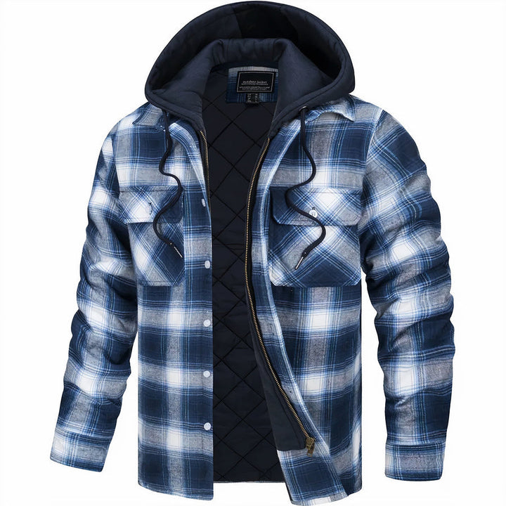 "Veste à capuche homme, motif pied-de-poule, bleu foncé, automne, style décontracté, coutures robustes, capuche intégrée"