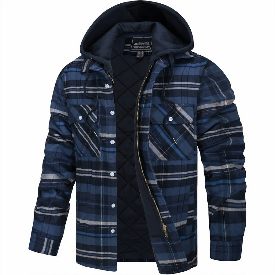 "Veste à capuche homme, motif pied-de-poule, bleu foncé, automne, style décontracté, coutures robustes, capuche intégrée"