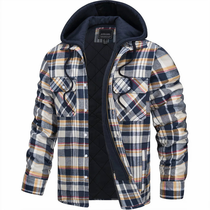 "Veste à capuche homme, motif pied-de-poule, bleu foncé, automne, style décontracté, coutures robustes, capuche intégrée"