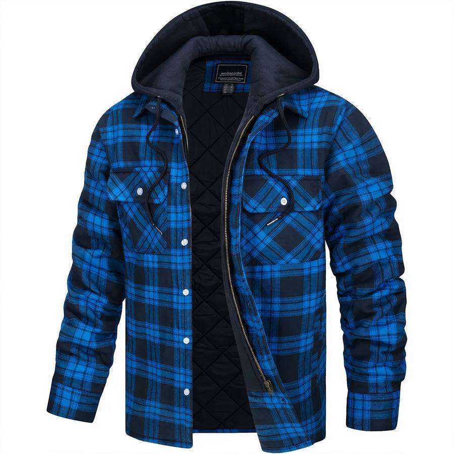 "Veste à capuche homme, motif pied-de-poule, bleu foncé, automne, style décontracté, coutures robustes, capuche intégrée"