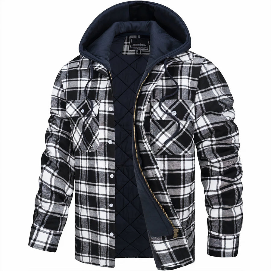 "Veste à capuche homme, motif pied-de-poule, bleu foncé, automne, style décontracté, coutures robustes, capuche intégrée"