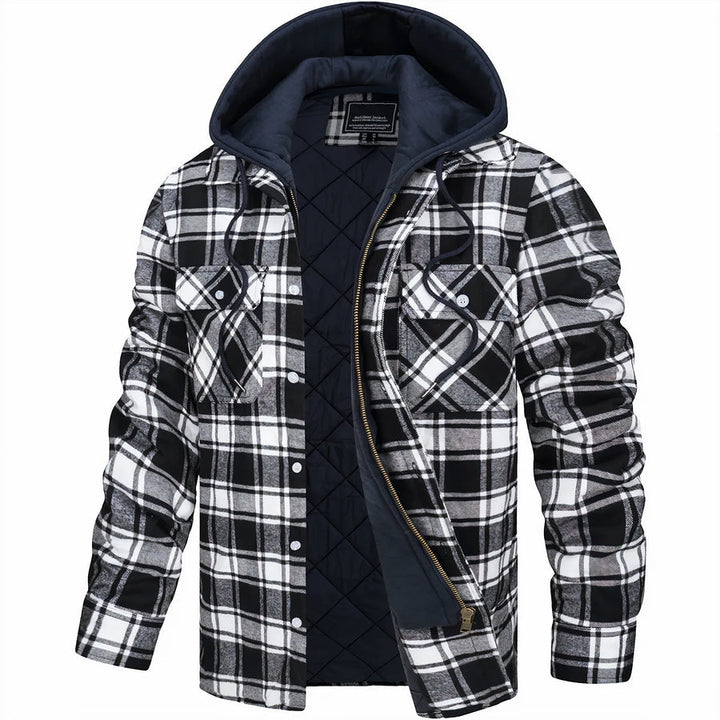 "Veste à capuche homme, motif pied-de-poule, bleu foncé, automne, style décontracté, coutures robustes, capuche intégrée"
