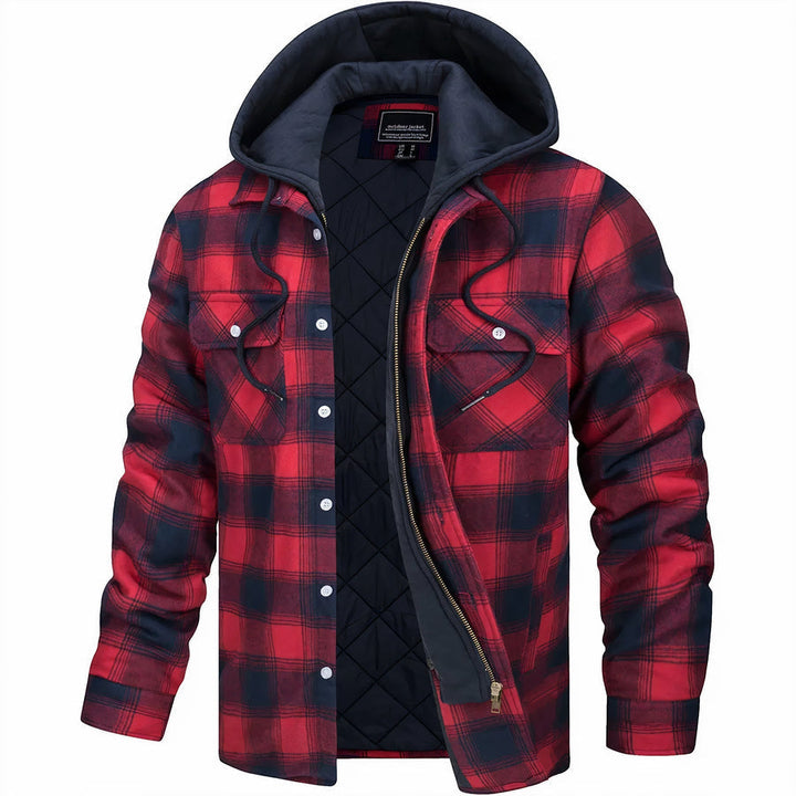 "Veste à capuche homme, motif pied-de-poule, bleu foncé, automne, style décontracté, coutures robustes, capuche intégrée"