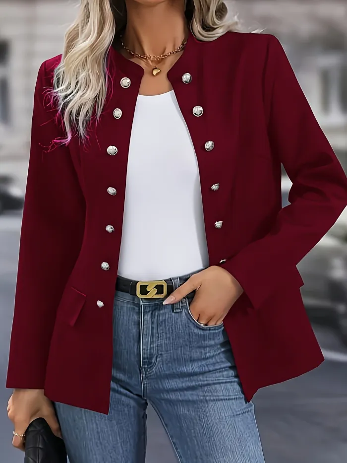 Veste ajustée élégante pour bureau.  Coupe chic, noir, bleu ou rouge.