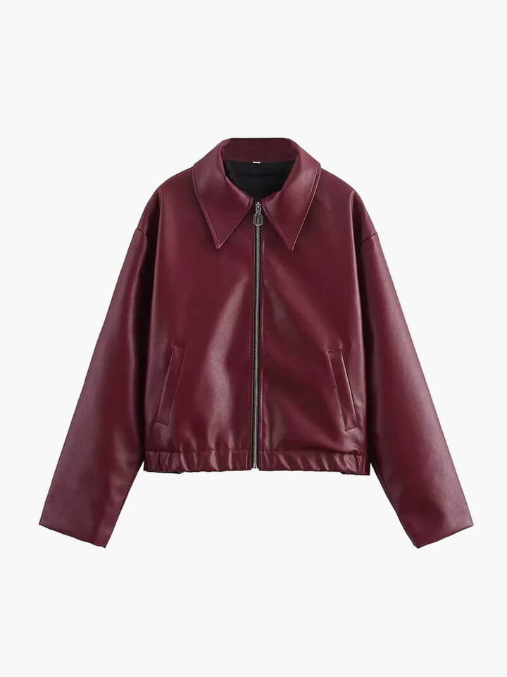 "Veste biker oversize cuir vegan pour femme en automne, chic et moderne, couleur raffinée, fermeture éclair devant."