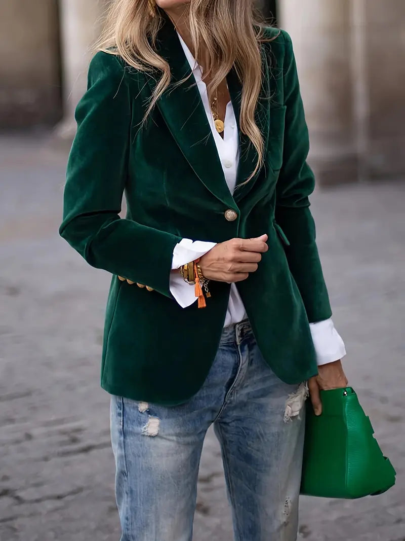 "Veste blazer femme cintrée en velours doux, élégance intemporelle, design simple boutonnage, style chic et sophistiqué."