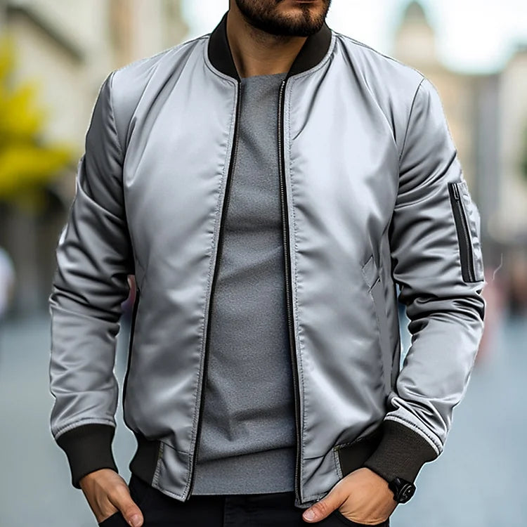 Veste bomber homme Linus présentée à plat. Blouson automne tendance pour vêtements décontractés urbains.