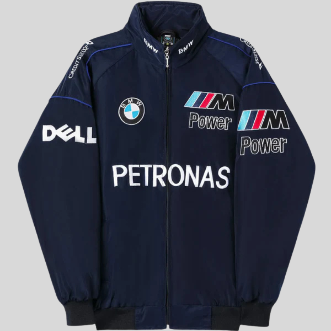 Veste bomber unisexe, style sport racing. Coupe tendance et confortable.  Idéale pour un look décontracté.
