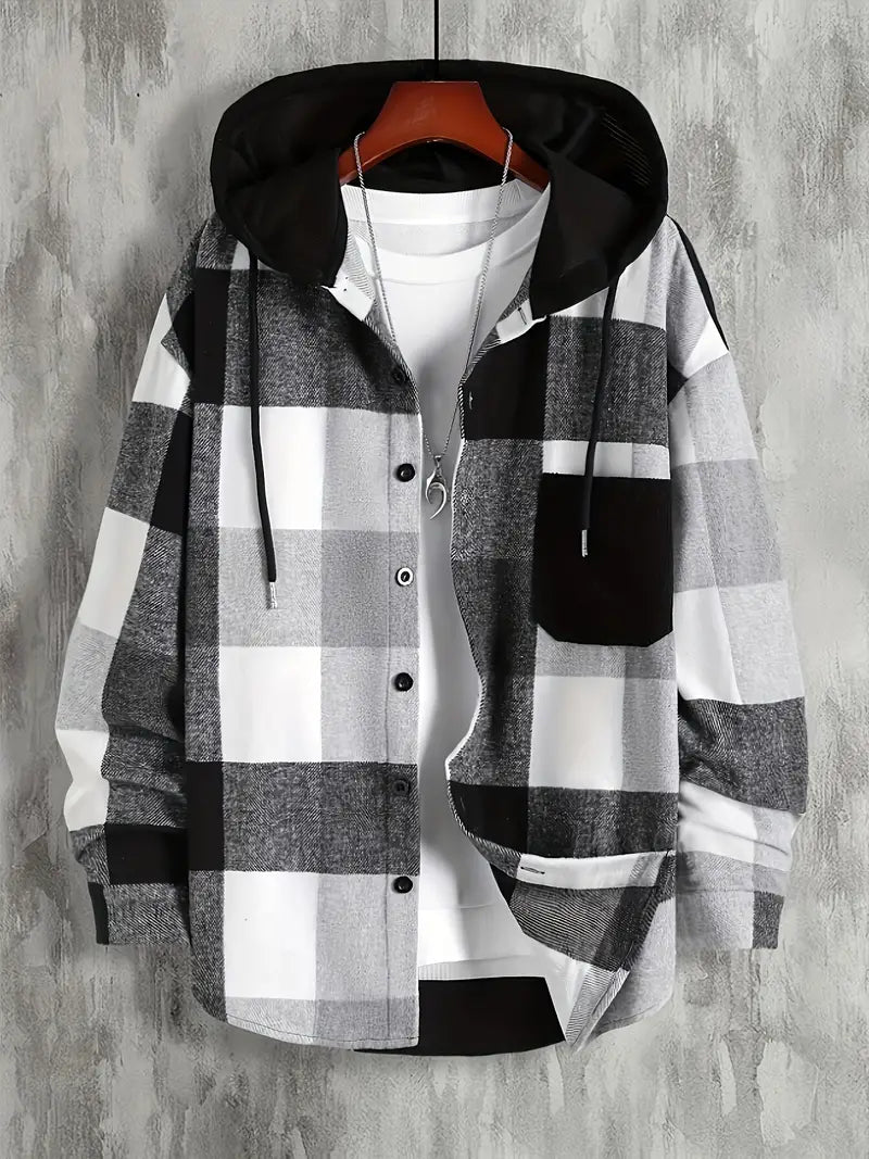 Veste à capuche homme à carreaux tendance, style décontracté pour automne-hiver urbain. Confort et mode masculine.
