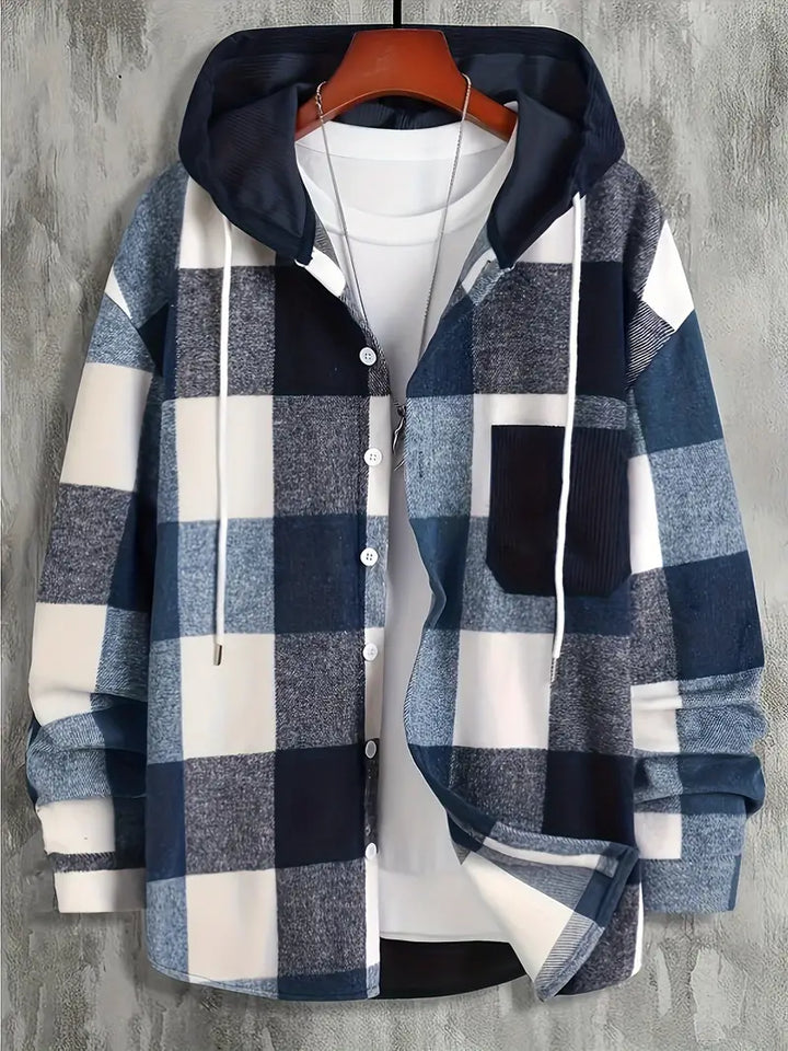 Veste homme à carreaux polyvalente avec capuche, idéale pour le confort décontracté en automne et hiver. Style urbain.