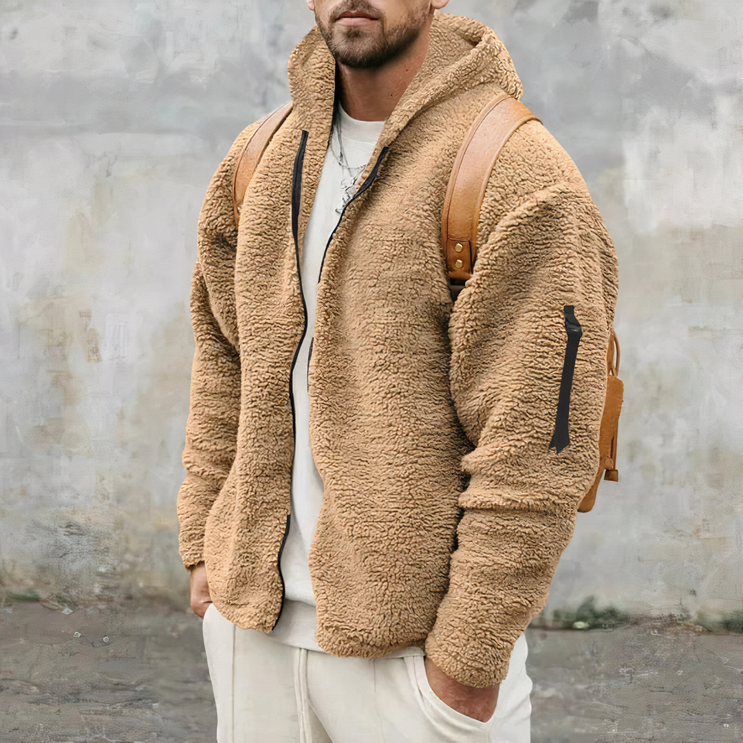 Veste à capuche zippée Sherpa pour homme, chaude et confortable, idéale pour l'hiver et les activités extérieures.