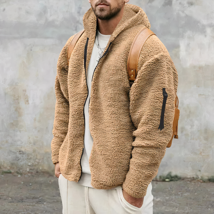 Veste à capuche zippée Sherpa pour homme, chaude et confortable, idéale pour l'hiver et les activités extérieures.
