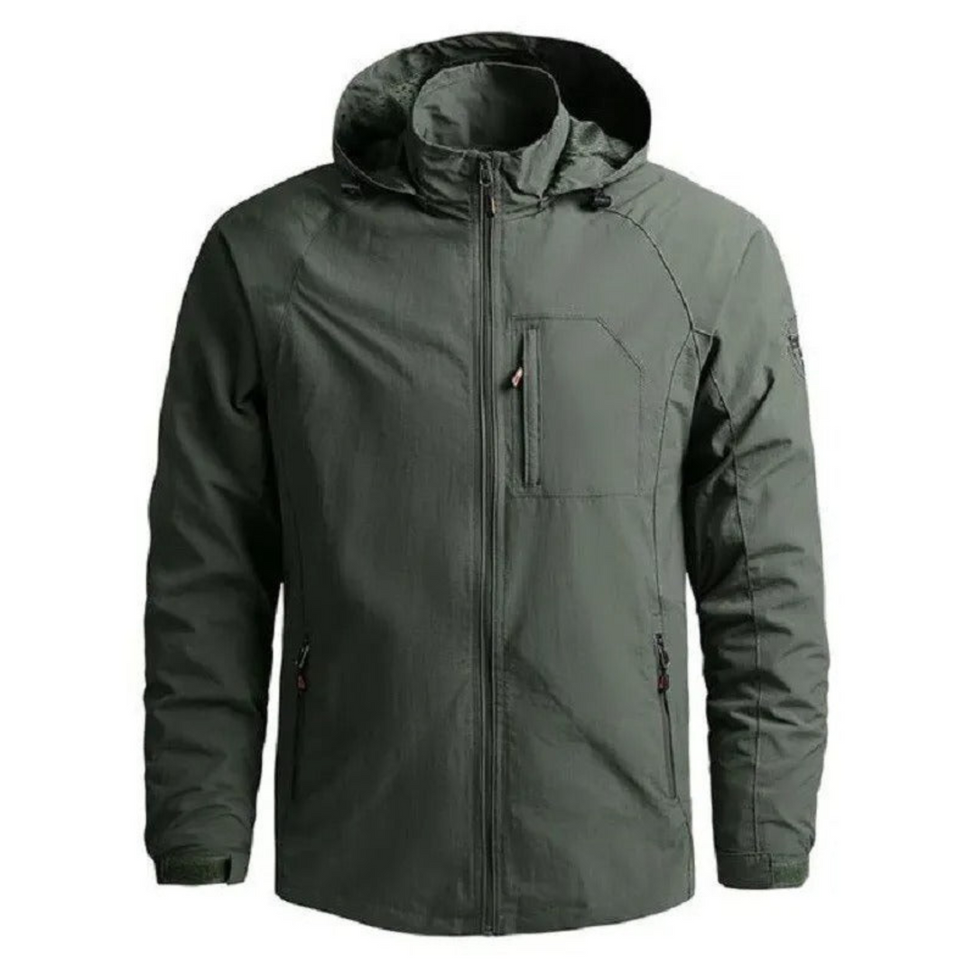 Veste cargo homme légère, verte, avec poches pratiques et capuche, idéale pour aventure estivale, imperméable, urbaine ou nat
