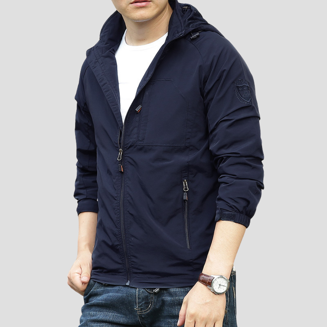 "Veste cargo imperméable homme, capuche intégrée, poches spacieuses, style urbain moderne, protection pluie, couleurs tendanc
