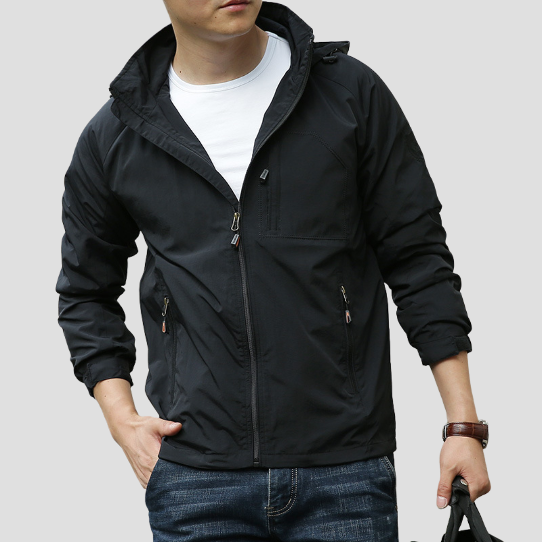 "Veste cargo imperméable homme, capuche intégrée, poches spacieuses, style urbain moderne, protection pluie, couleurs tendanc