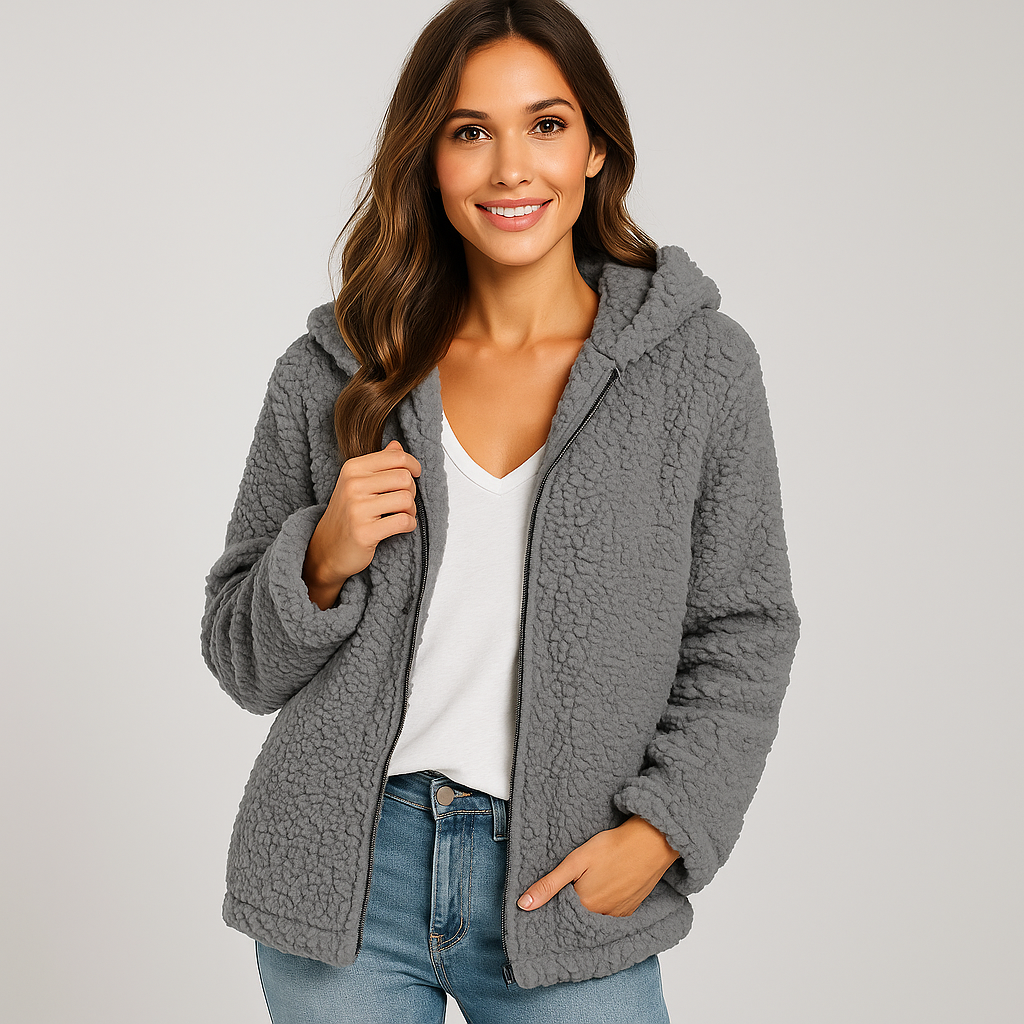 Femme portant une veste chaude à capuche, style décontracté chic, pour l'automne-hiver.
