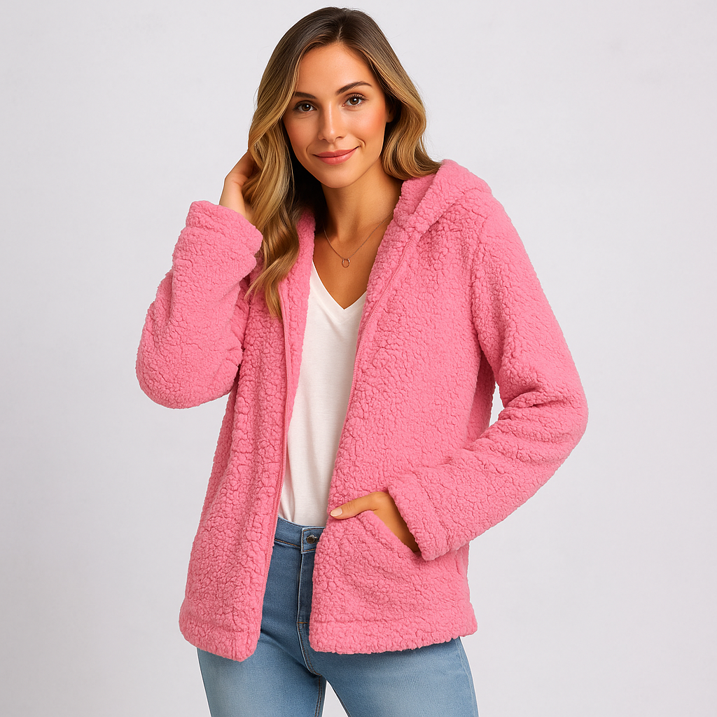 Veste d'hiver femme à capuche, confortable et moderne, look décontracté-chic.