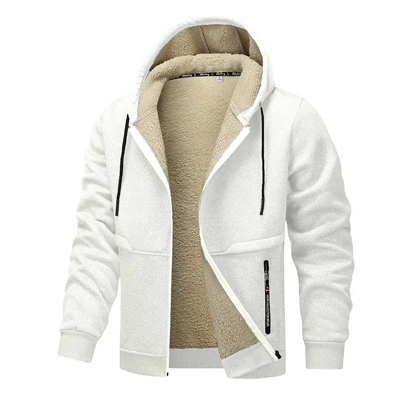 Gros plan sur la veste chaude homme avec capuche, style casual urbain, protection optimale pour l'hiver.