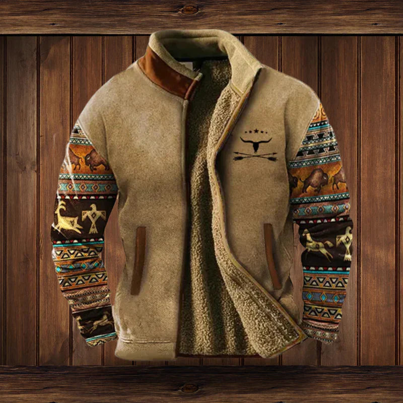Veste chaude homme style western, motifs ethniques, idéale pour l'hiver. Confort et mode masculine décontractée.