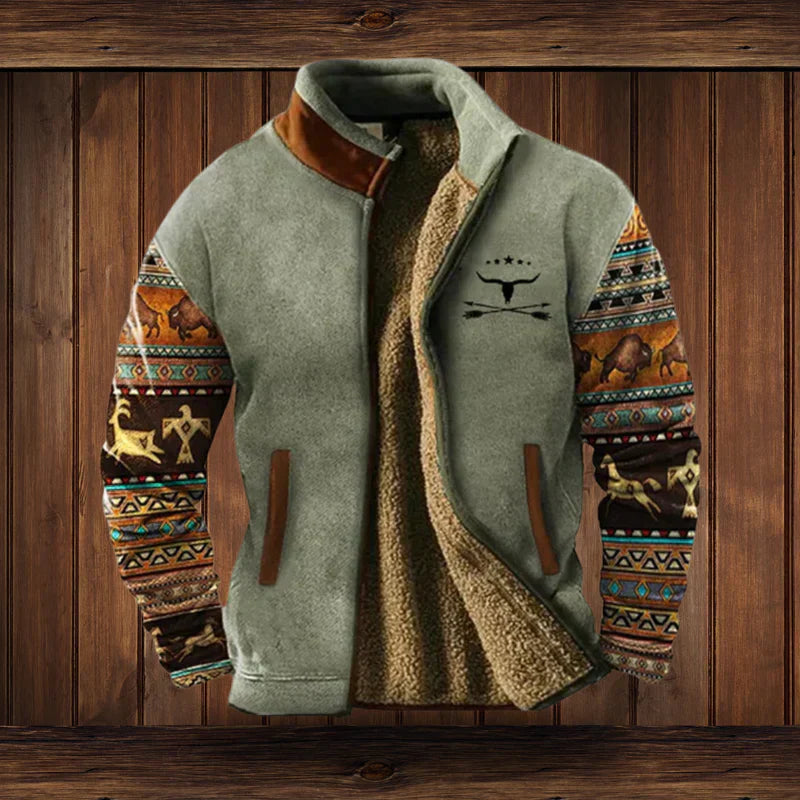 Blouson homme chaud avec motifs ethniques style western, parfait pour les vêtements d'extérieur hivernaux.