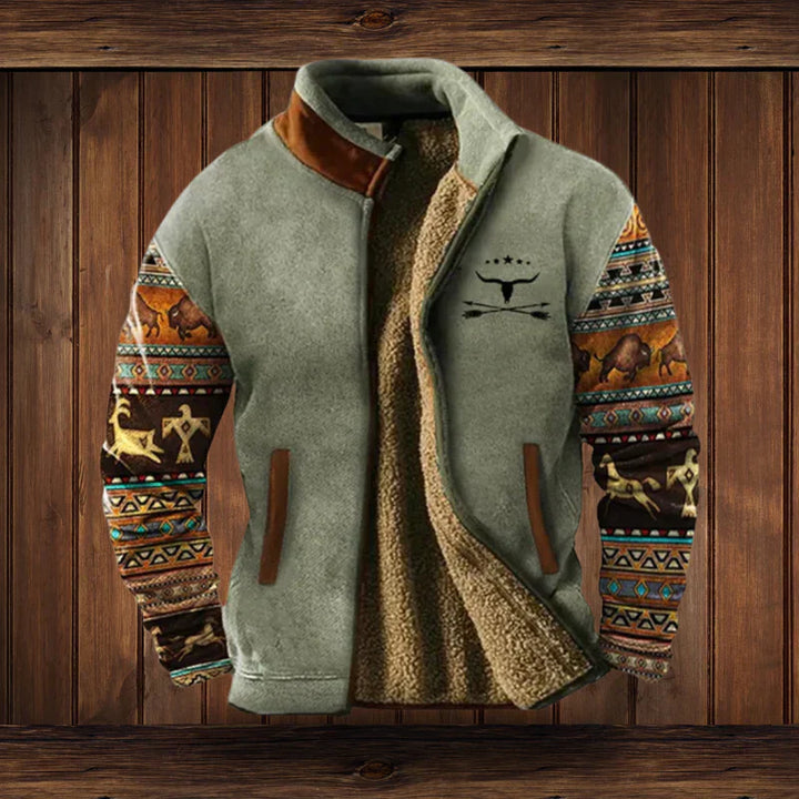 Blouson homme chaud avec motifs ethniques style western, parfait pour les vêtements d'extérieur hivernaux.