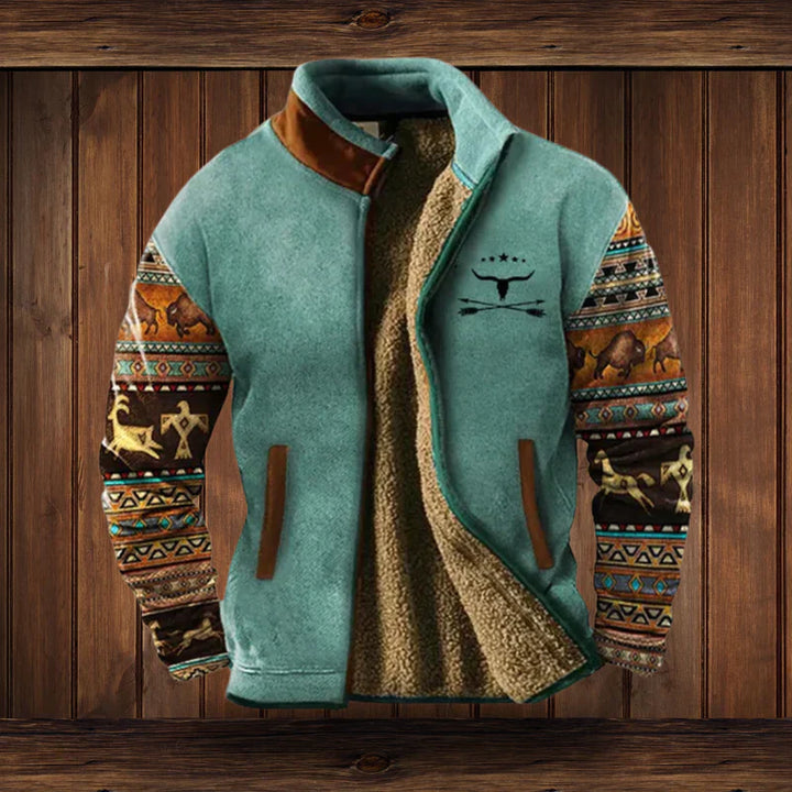 Veste d'hiver homme avec motifs ethniques uniques et design western, assurant chaleur et style décontracté.