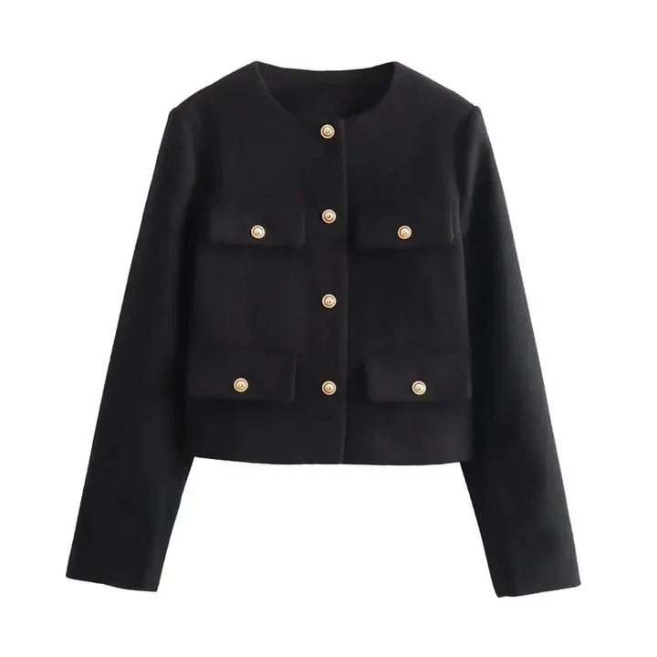 "Veste cintrée femme élégante, boutons dorés, tissu luxueux et coupe flatteuse, idéale pour des looks chics."