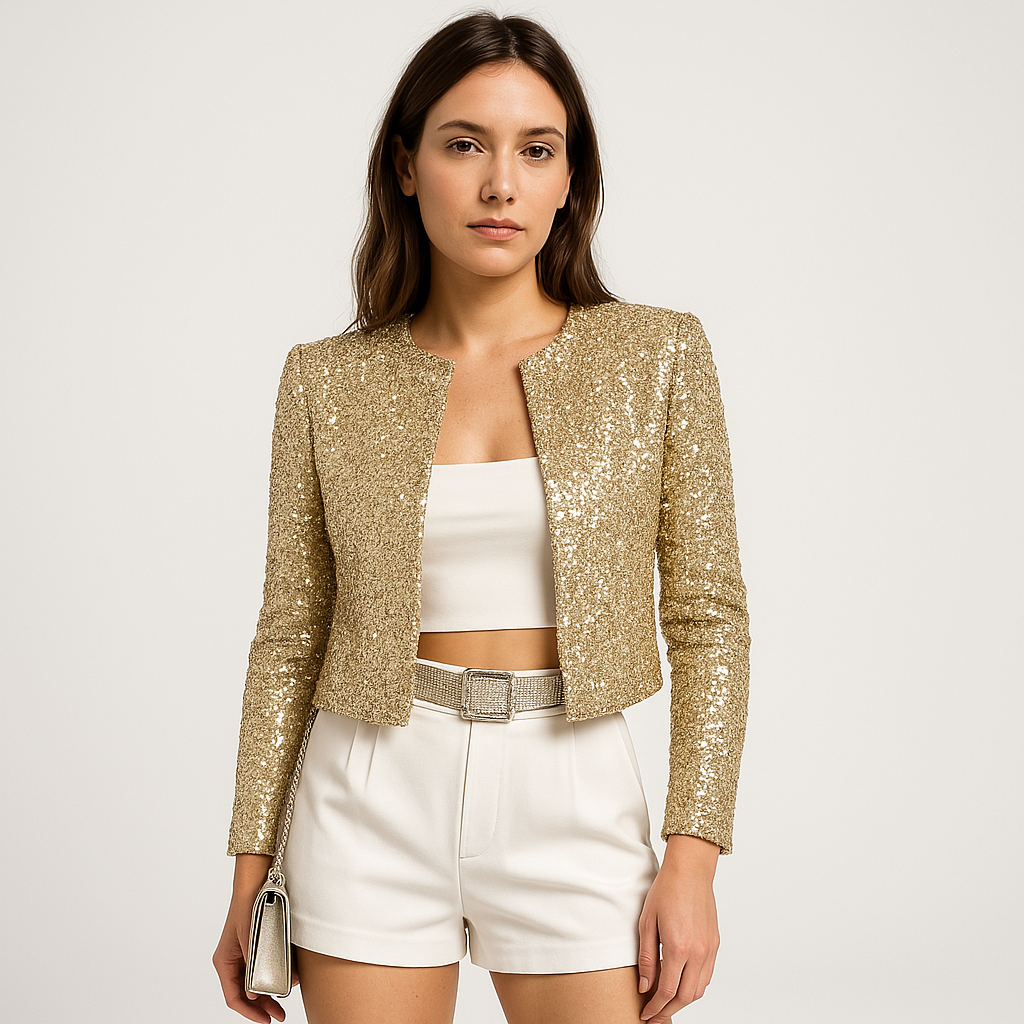 Veste courte soirée, sequins argentés, coupe élégante, look glamour.