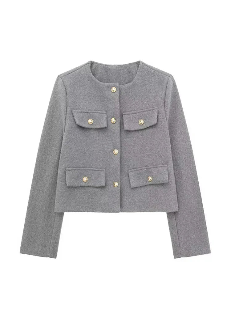 Veste croisée boutonnée femme élégante, manches longues, coupe moderne raffinée pour un style sophistiqué et polyvalent.