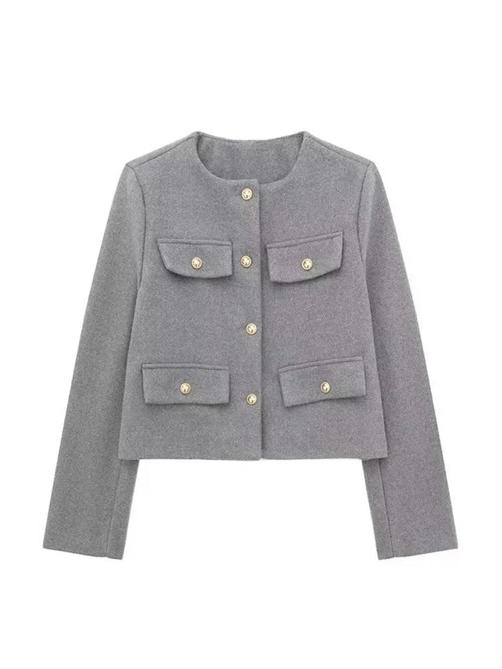 Veste croisée boutonnée femme élégante, manches longues, coupe moderne raffinée pour un style sophistiqué et polyvalent.