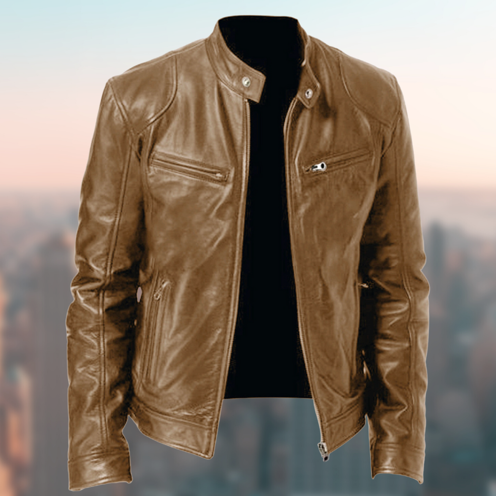 Veste cuir homme, coupe ajustée, style intemporel.  Cuir véritable, haute qualité.