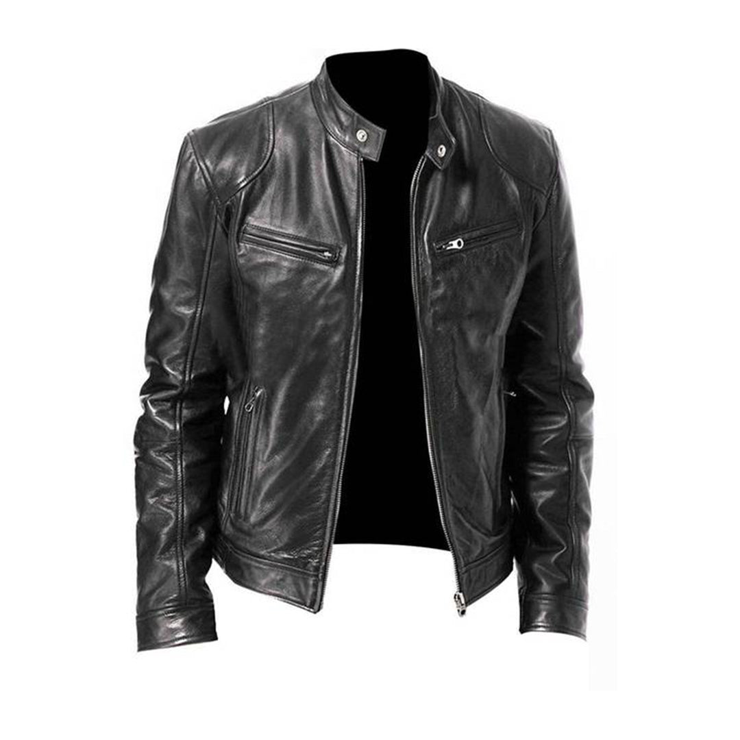 "Veste cuir homme élégante noir, châtaigne, camel, bleu marine vue de face, design intemporel et polyvalent"