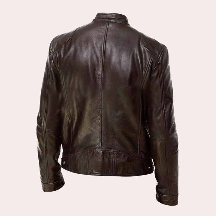 "Veste cuir homme élégante noir, châtaigne, camel, bleu marine vue de face, design intemporel et polyvalent"