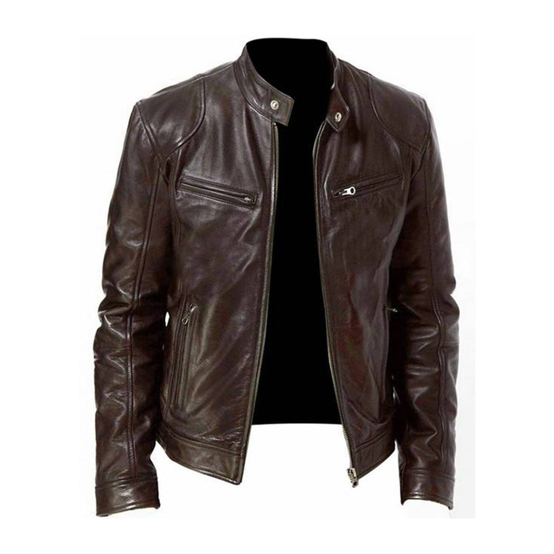 "Veste cuir homme élégante noir, châtaigne, camel, bleu marine vue de face, design intemporel et polyvalent"