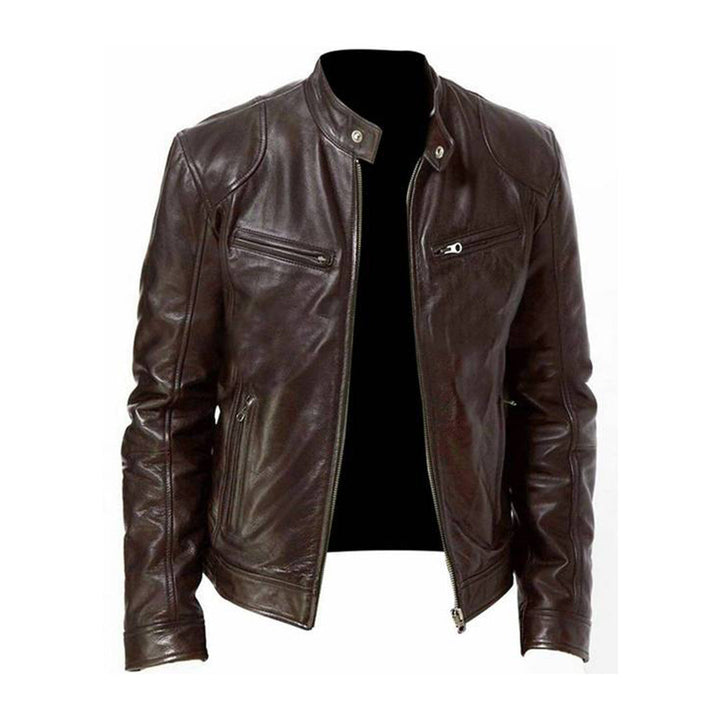 "Veste cuir homme élégante noir, châtaigne, camel, bleu marine vue de face, design intemporel et polyvalent"