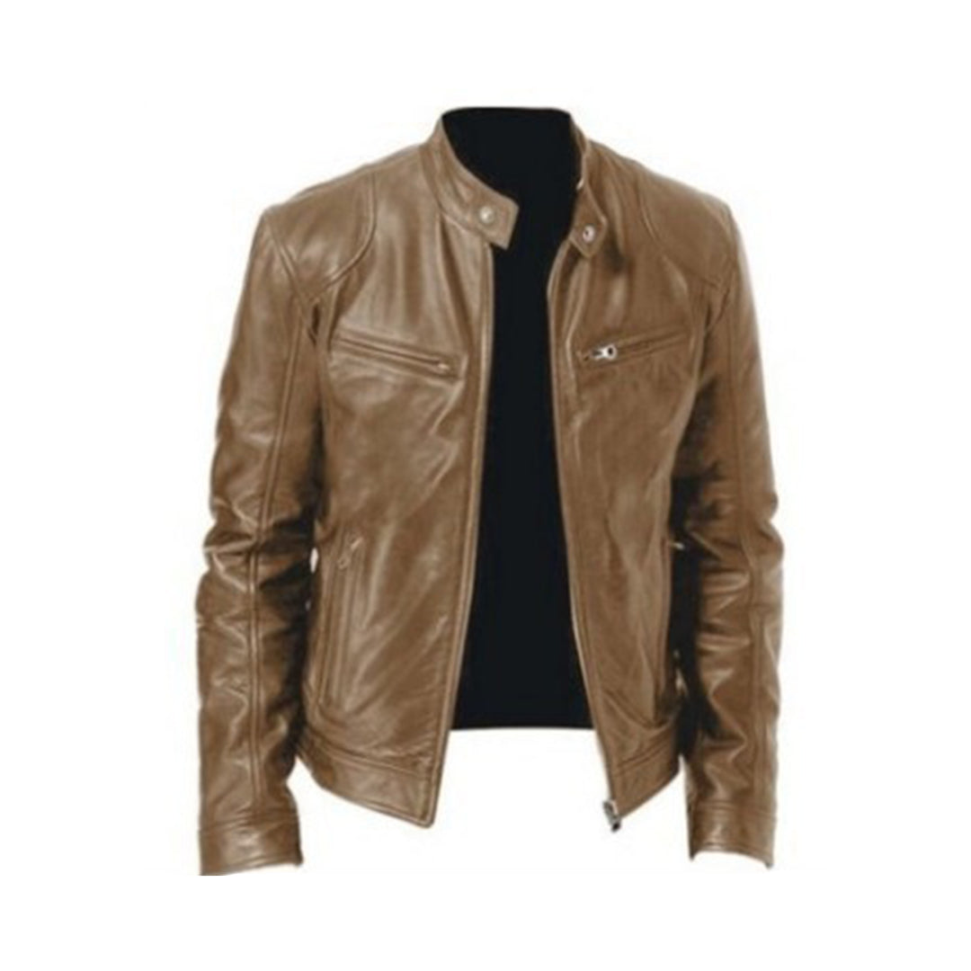 "Veste cuir homme élégante noir, châtaigne, camel, bleu marine vue de face, design intemporel et polyvalent"