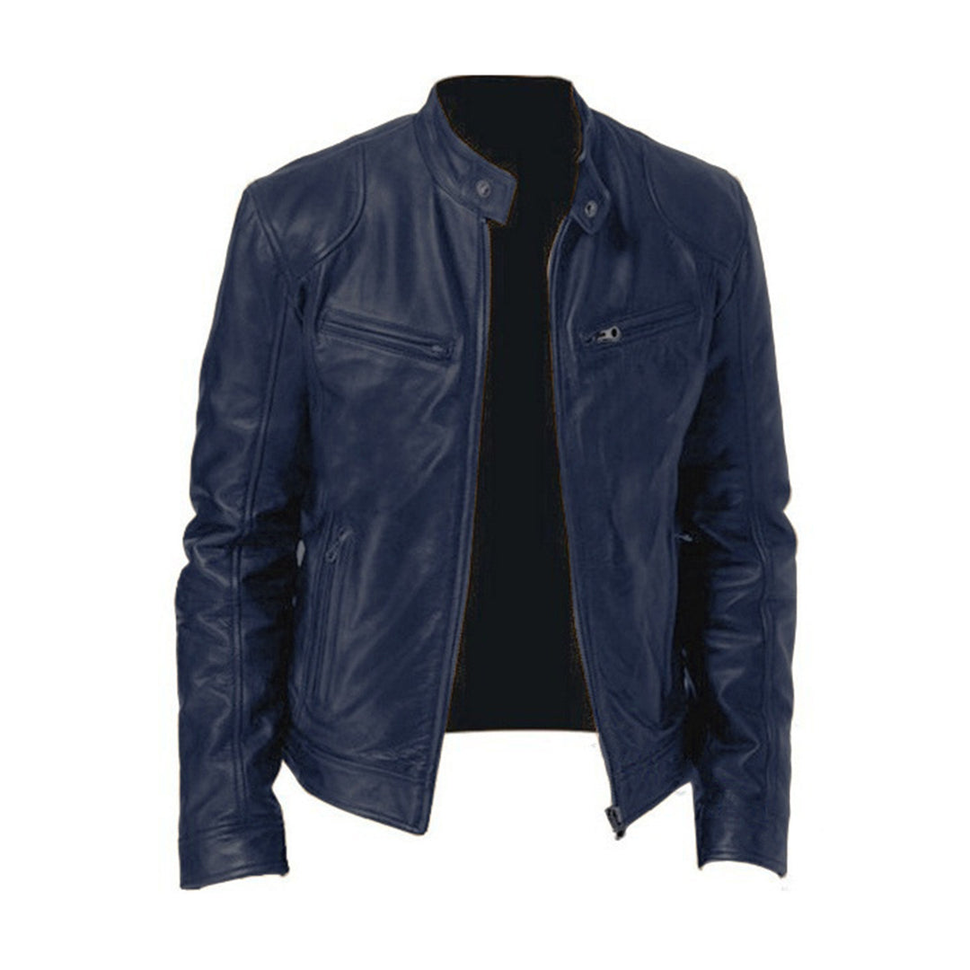 "Veste cuir homme élégante noir, châtaigne, camel, bleu marine vue de face, design intemporel et polyvalent"