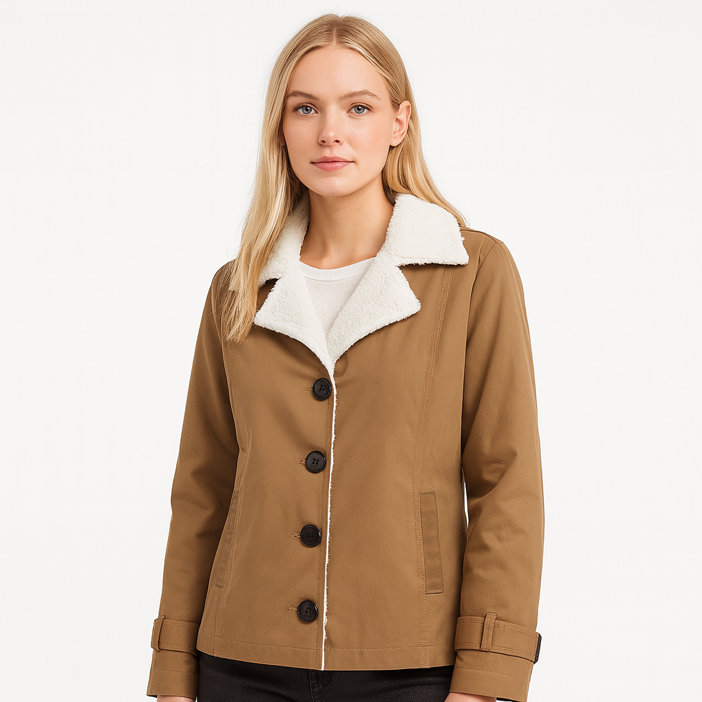 Vêtement femme polyvalent: veste hiver chaude, élégante, style classique, coupe mi-longue.