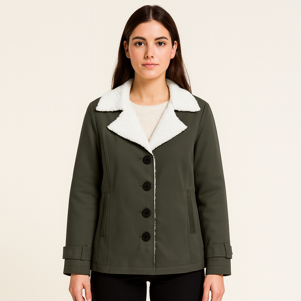Veste d'hiver femme chaude, texture douce, revers crantés pour un look élégant et chic en mode hiver.