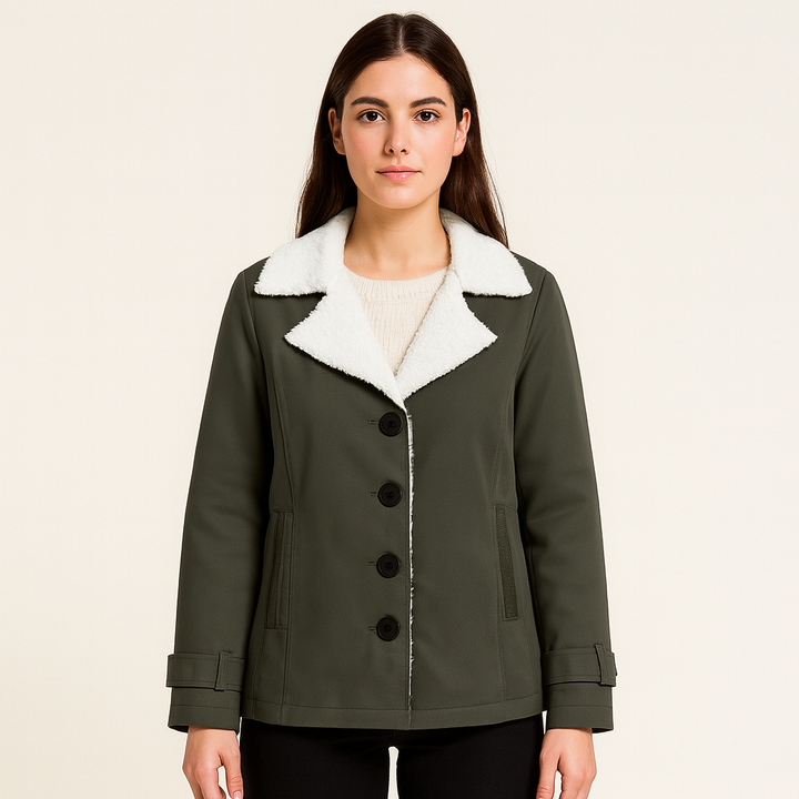Veste d'hiver femme chaude, texture douce, revers crantés pour un look élégant et chic en mode hiver.