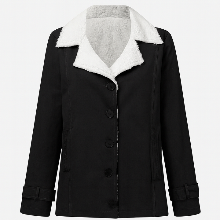 Veste femme élégante à revers crantés. Vêtement femme chic pour la mode hiver et le confort.