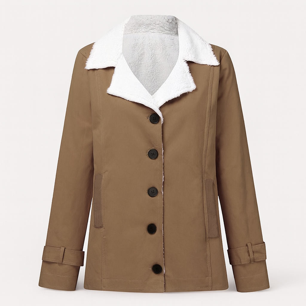 Veste femme chic, style classique avec revers crantés. Idéal vêtement d'hiver confortable et tendance.