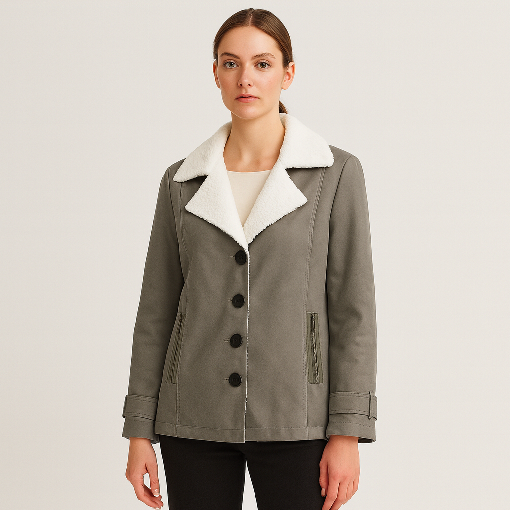 Détail: revers crantés élégants d'une veste d'hiver femme chaude et confortable. Vêtement chic.