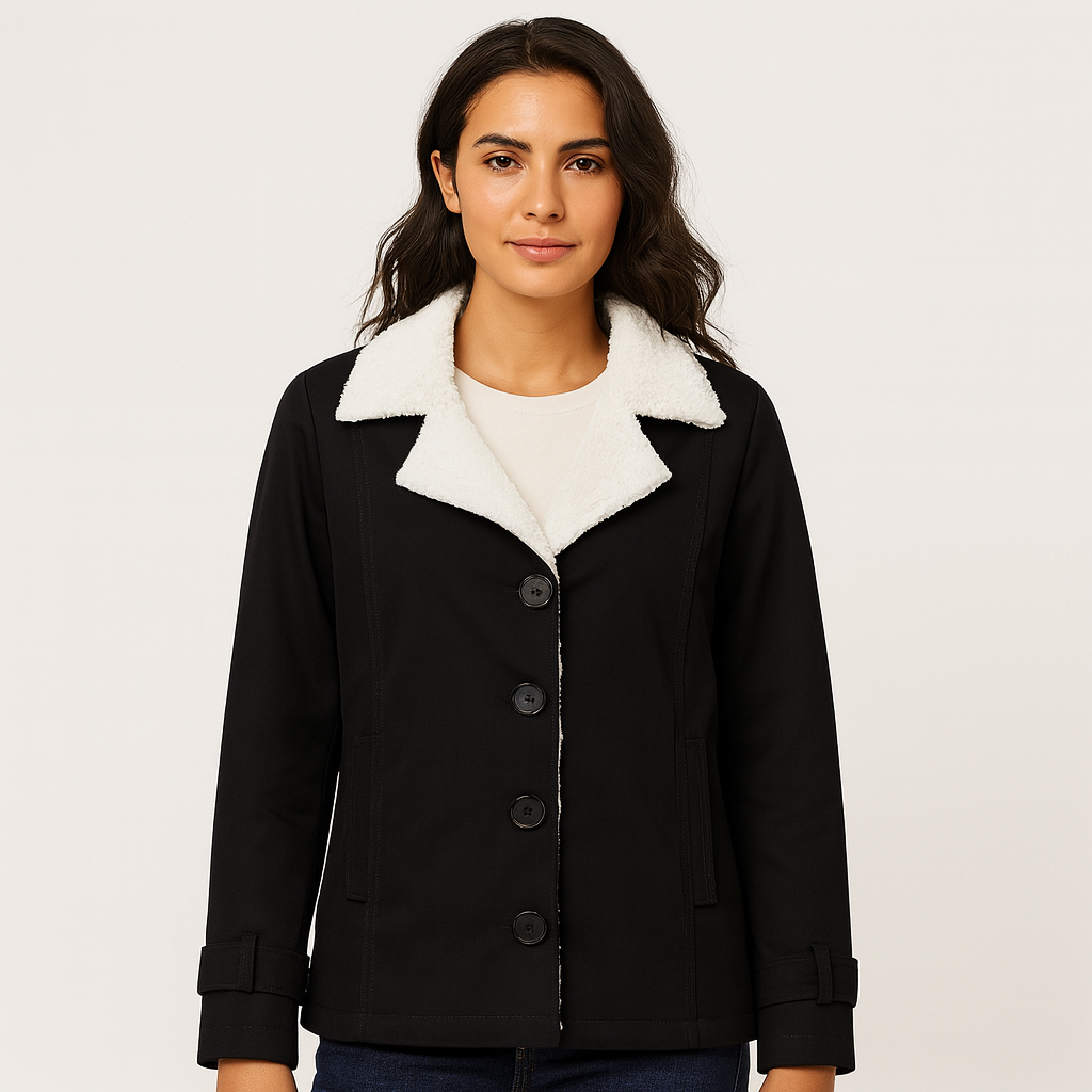 Tendance mode hiver: veste femme élégante, revers crantés distinctifs, coupe classique et confortable.