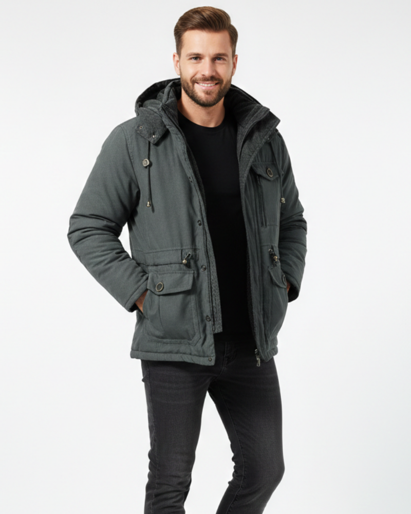 Veste d'hiver homme bleu marine, chaude et imperméable. Manteau coupe-vent respirant pour un style casual et confort.