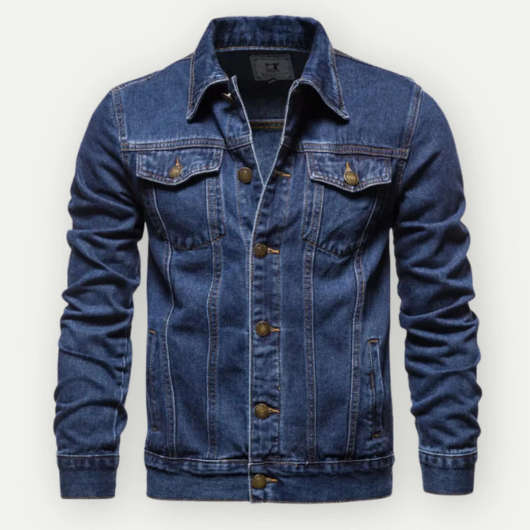 "Veste denim homme style urbain, coupe trucker classique. Denim bleu durable, manche ajustable, pour look moderne et conforta