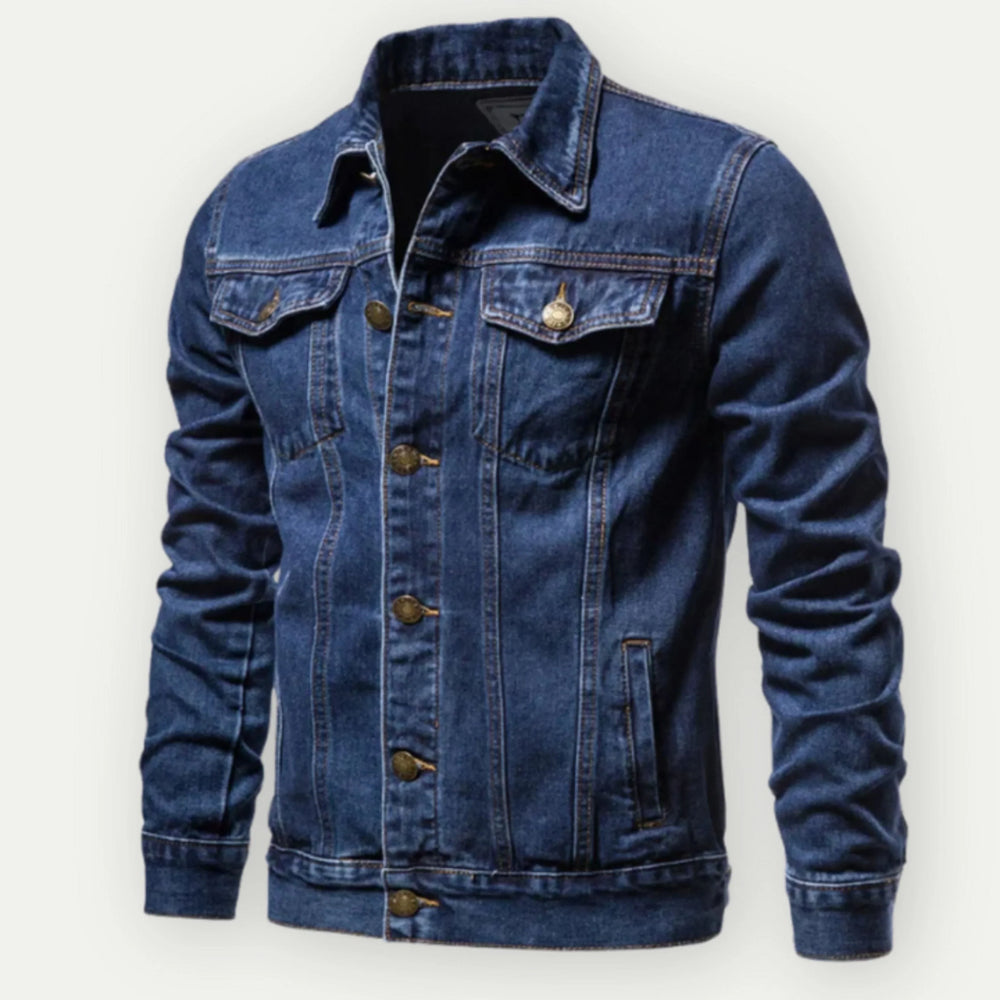 "Veste denim homme style urbain, coupe trucker classique. Denim bleu durable, manche ajustable, pour look moderne et conforta